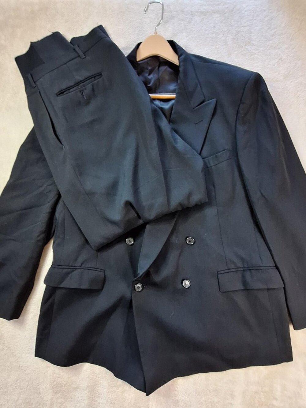 Nino Cerruti Suit Mens 44 Black Wool Double Breasted Ventless Jacket Pants